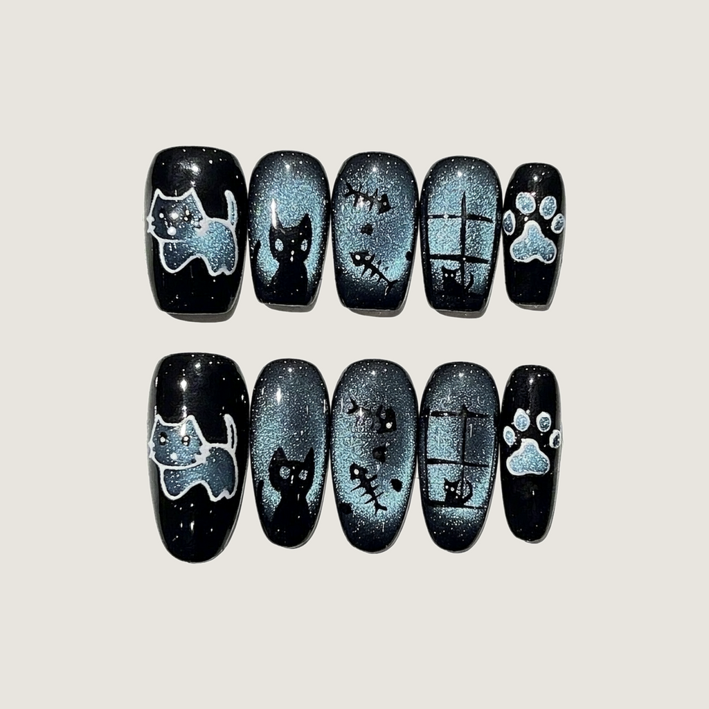 Black & Blue Sweet & Cool Cat Press-On Nails