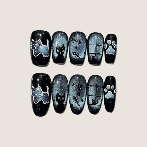 Black & Blue Sweet & Cool Cat Press-On Nails