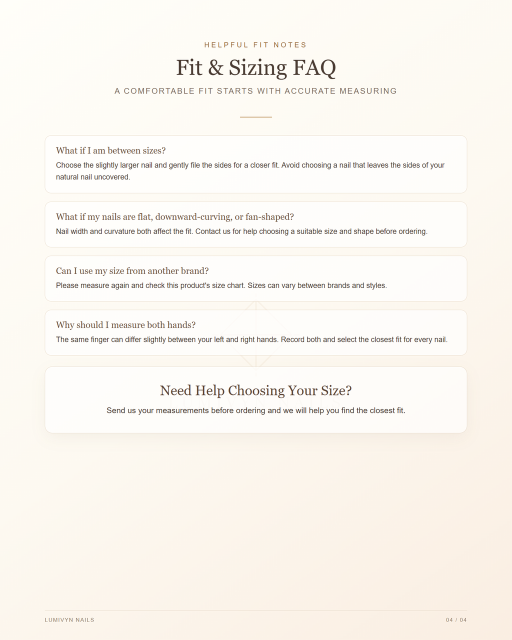 LUMIVYN GUIDE 05 — Press-on nail sizing FAQ